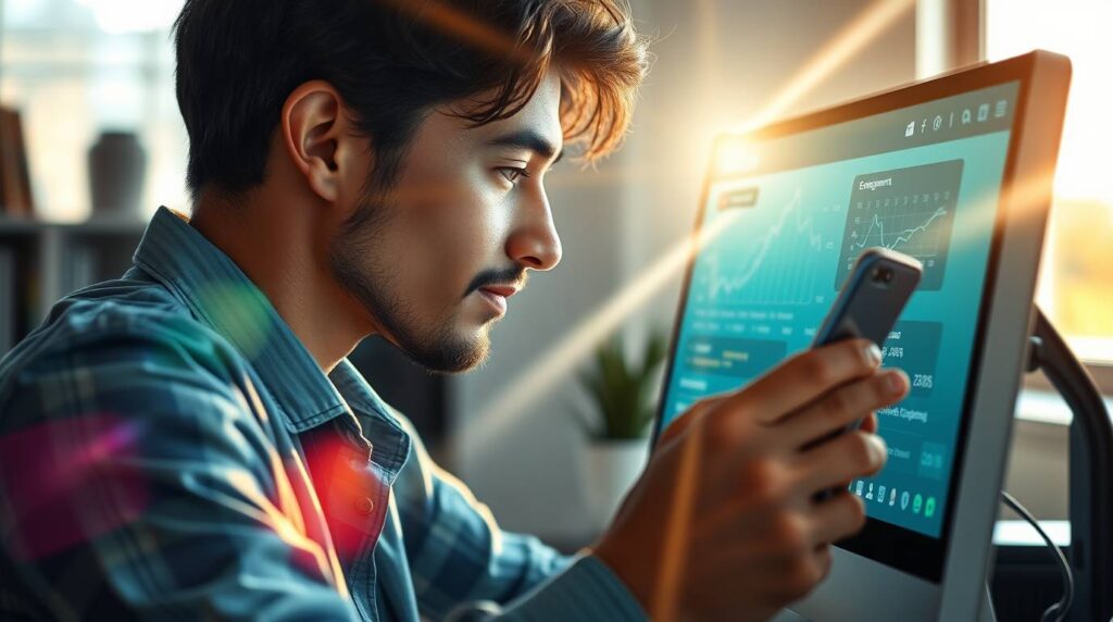 Profissional de marketing digital interagindo com um cliente pelo WhatsApp enquanto analisa métricas de engajamento no CRM, representando a estratégia de X1 no Marketing Digital.