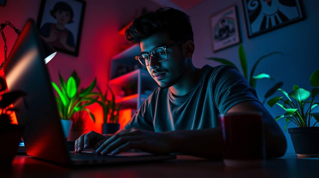 Freelancer trabalhando em casa com notebook em ambiente organizado e produtivo